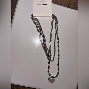 Fashion Nova Silver Multi-Layer Chain Necklace with Crystal Heart